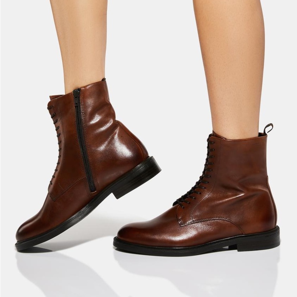 Vagabond Amina Brown Leather Side Zip Lace Up Ankle Boots Size 39